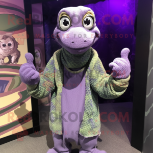 Lavender Anaconda mascot costume character dressed with a Sweater and Rings