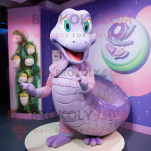 Lavender Anaconda mascot costume character dressed with a Sweater and Rings