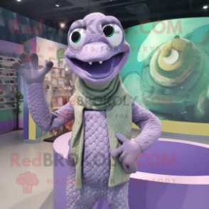 Lavender Anaconda mascot costume character dressed with a Sweater and Rings