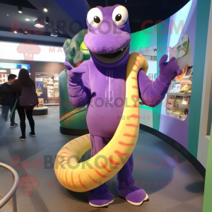 Lavender Anaconda mascot costume character dressed with a Sweater and Rings