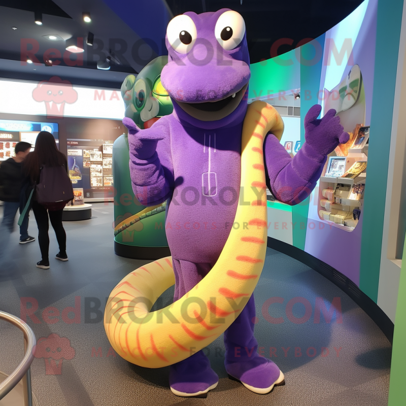 Lavender Anaconda mascot costume character dressed with a Sweater and Rings Lavender Anaconda mascot costume character dressed with a Sweater and Rings