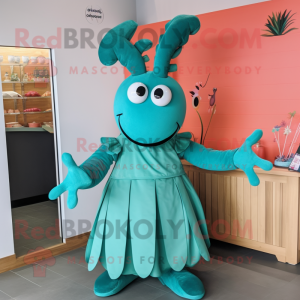 Teal Lobster Bisque mascot costume character dressed with a Maxi Skirt and Hair clips