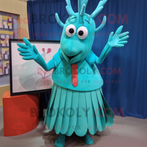 Teal Lobster Bisque mascot costume character dressed with a Maxi Skirt and Hair clips