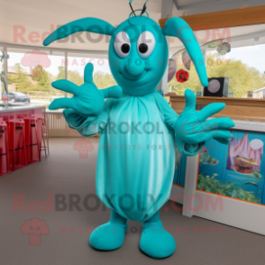 Teal Lobster Bisque mascot costume character dressed with a Maxi Skirt and Hair clips
