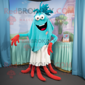 Teal Lobster Bisque mascot costume character dressed with a Maxi Skirt and Hair clips