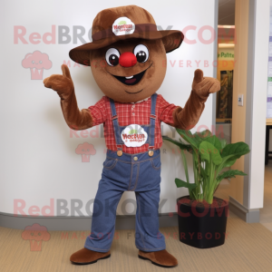 Brown Strawberry mascot costume character dressed with a Bootcut Jeans and Hat pins