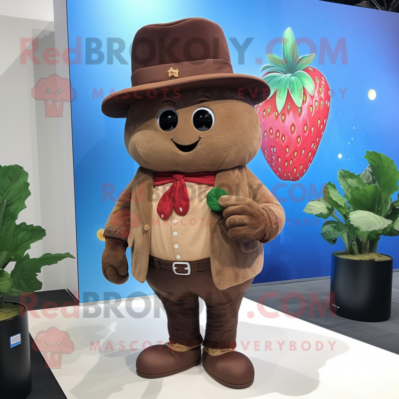 Brown Strawberry mascot costume character dressed with a Bootcut Jeans and Hat pins