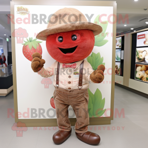 Brown Strawberry mascot costume character dressed with a Bootcut Jeans and Hat pins