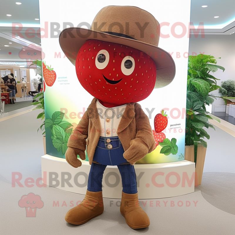 Brown Strawberry mascot costume character dressed with a Bootcut Jeans and Hat pins Brown Strawberry mascot costume character dressed with a Bootcut Jeans and Hat pins