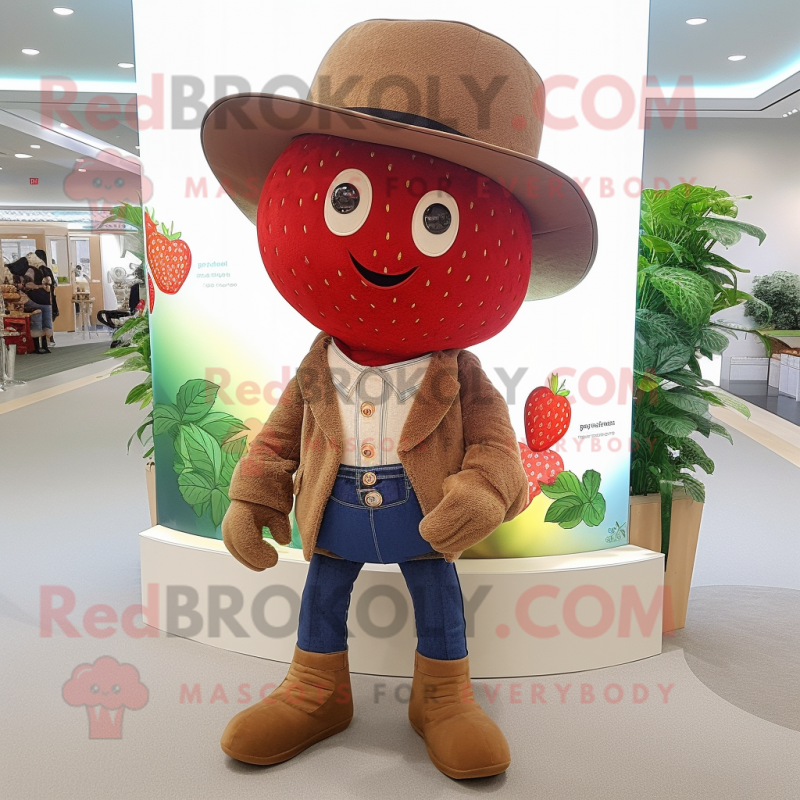 Brown Strawberry mascot costume character dressed with a Bootcut Jeans and Hat pins