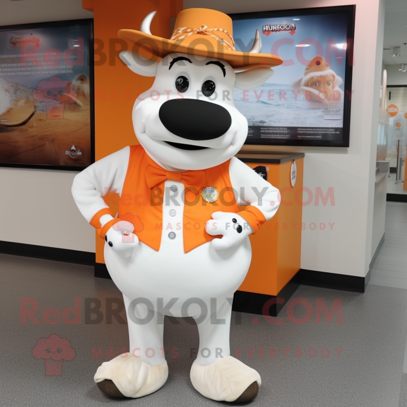 Orange Holstein Cow mascot costume character dressed with a Dress Shirt and Hat pins