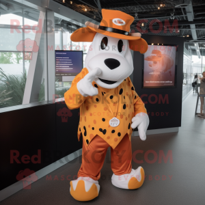 Orange Holstein Cow mascot costume character dressed with a Dress Shirt and Hat pins