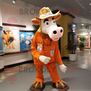 Orange Holstein Cow mascot costume character dressed with a Dress Shirt and Hat pins