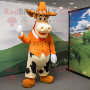 Orange Holstein Cow mascot costume character dressed with a Dress Shirt and Hat pins