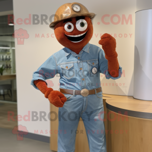 Rust Pepper mascot costume character dressed with a Chambray Shirt and Bracelet watches