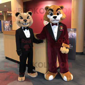 Maroon Mountain Lion mascot costume character dressed with a Tuxedo and Watches