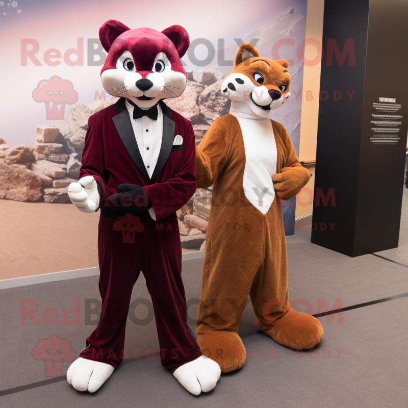 Maroon Mountain Lion mascot costume character dressed with a Tuxedo and Watches Maroon Mountain Lion mascot costume character dressed with a Tuxedo and Watches