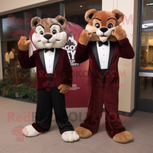 Maroon Mountain Lion mascot costume character dressed with a Tuxedo and Watches