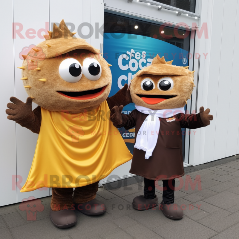 Brown Fish And Chips mascot costume character dressed with a Capri Pants and Scarf clips