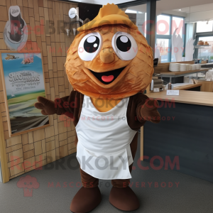 Brown Fish And Chips mascot costume character dressed with a Capri Pants and Scarf clips