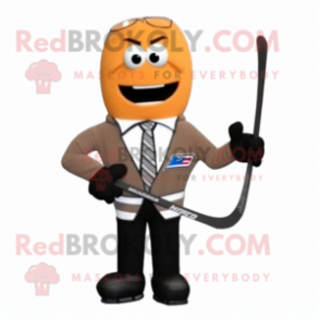 Tan Ice Hockey Stick mascot costume character dressed with a Suit Jacket and Suspenders