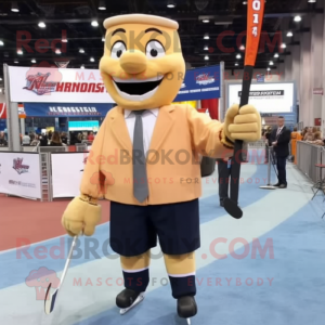 Tan Ice Hockey Stick mascot costume character dressed with a Suit Jacket and Suspenders