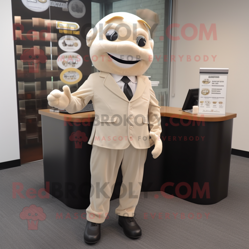 Beige Attorney mascot costume character dressed with a Tuxedo and Coin purses