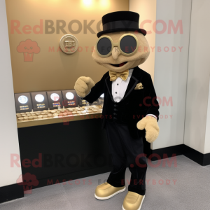 Beige Attorney mascot costume character dressed with a Tuxedo and Coin purses
