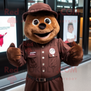 Brown Alliance mascot costume character dressed with a Jumpsuit and Hat pins
