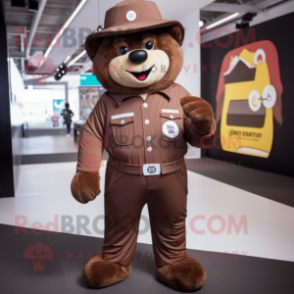 Brown Alliance mascot costume character dressed with a Jumpsuit and Hat pins