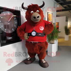 Red Woolly Rhinoceros mascot costume character dressed with a Dress Shirt and Smartwatches