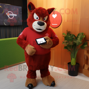 Red Woolly Rhinoceros mascot costume character dressed with a Dress Shirt and Smartwatches