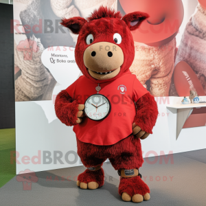 Red Woolly Rhinoceros mascot costume character dressed with a Dress Shirt and Smartwatches