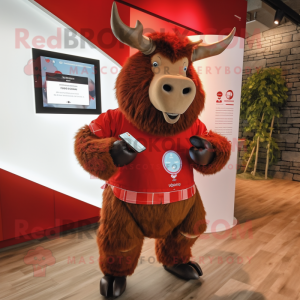 Red Woolly Rhinoceros mascot costume character dressed with a Dress Shirt and Smartwatches