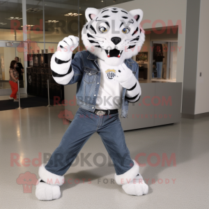 Silver Tiger mascot costume character dressed with a Boyfriend Jeans and Shoe clips