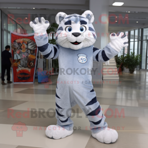Silver Tiger mascot costume character dressed with a Boyfriend Jeans and Shoe clips