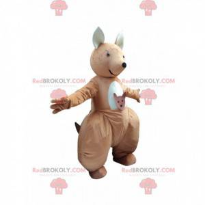 Brown and white kangaroo mascot with a baby in his pocket -