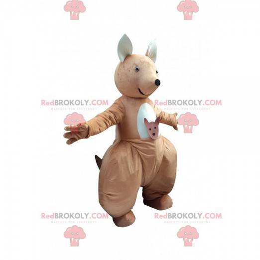 Brown and white kangaroo mascot with a baby in his pocket -
