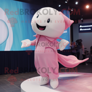 Pink Beluga Whale mascot costume character dressed with a Culottes and Hairpins