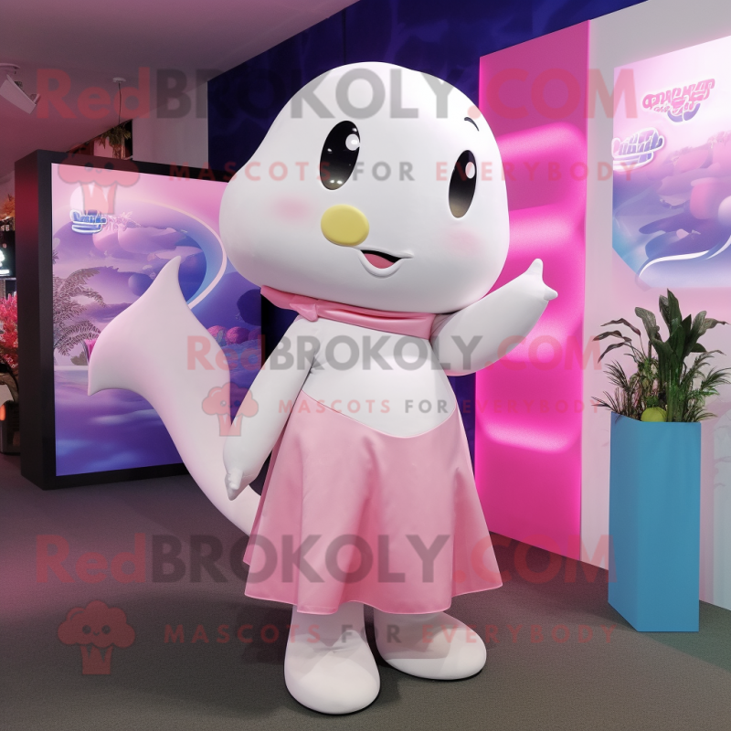 Pink Beluga Whale mascot costume character dressed with a Culottes and Hairpins