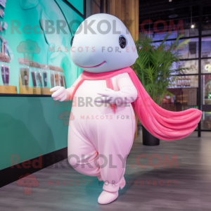 Pink Beluga Whale mascot costume character dressed with a Culottes and Hairpins