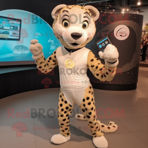 Beige Cheetah mascot costume character dressed with a Yoga Pants and Smartwatches