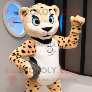 Beige Cheetah mascot costume character dressed with a Yoga Pants and Smartwatches