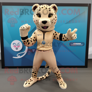 Beige Cheetah mascot costume character dressed with a Yoga Pants and Smartwatches