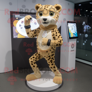 Beige Cheetah mascot costume character dressed with a Yoga Pants and Smartwatches
