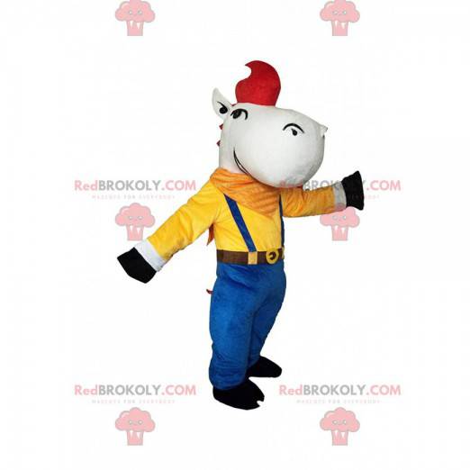 White horse mascot in colorful outfit and a red wick -