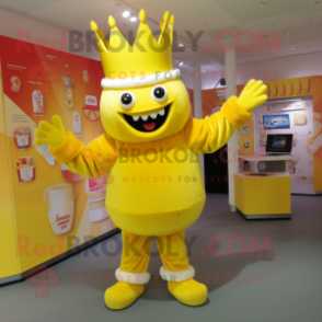 Yellow King mascot costume character dressed with a Romper and Mittens