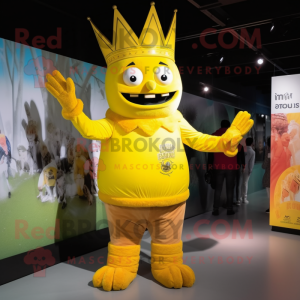 Yellow King mascot costume character dressed with a Romper and Mittens