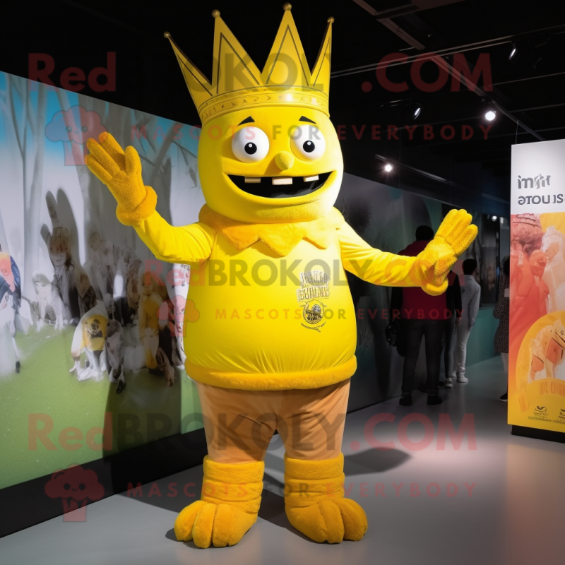 Yellow King mascot costume character dressed with a Romper and Mittens