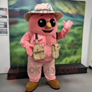 Peach Raspberry mascot costume character dressed with a Cargo Pants and Hat pins